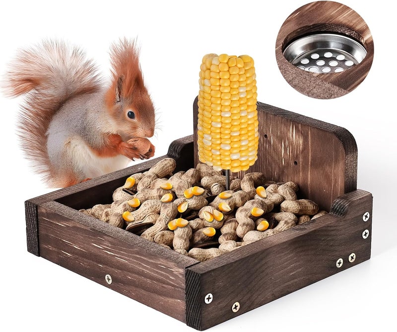 YEBGMS Squirrel Feeders forOutside, Squirrel Feeder with Corn Cob Holder, Squirrel Feeder for Outdoors, Squirrel Food for Backyard Squirrels Holds Corn Cobs, Peanut, Chipmunk Feeder (M - Dark Brown) - Image 1